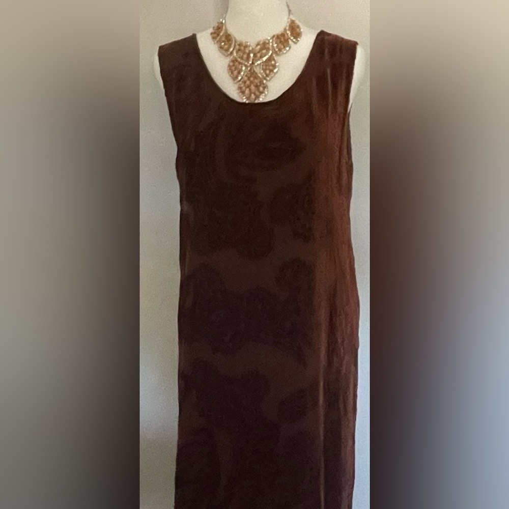 VINTAGE dress. Tropical Tantrum of Maui, large, medium brown, flocked silk/rayon